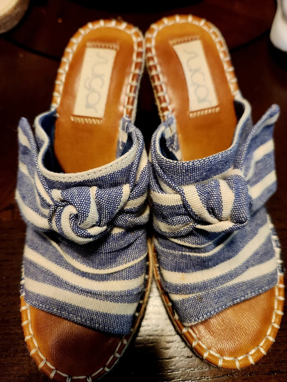 Sugar Blue and White Striped Knotted Espadrille Wedge Sandals